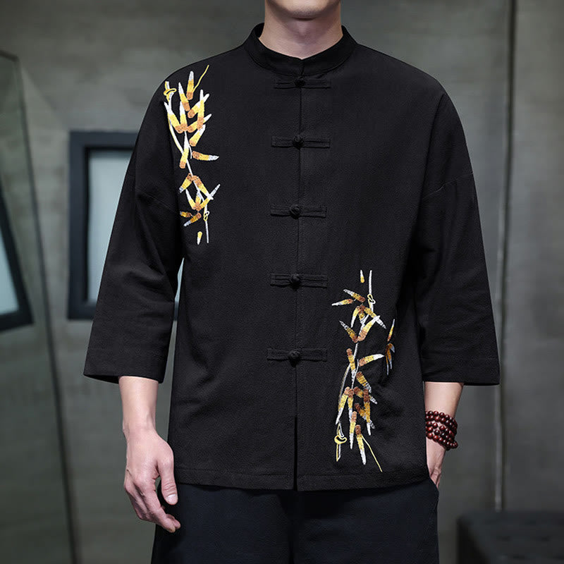 Camisa china de manga tres cuartos con botones de rana y bordado de Buddha Stones para hombre - Negro - US/UK/AU46, EU56 (5XL) - image 0