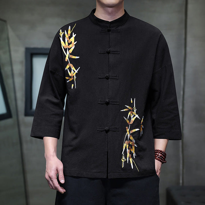 Camisa china de manga tres cuartos con botones de rana y bordado de Buddha Stones para hombre - Negro - US/UK/AU46, EU56 (5XL) - image 0