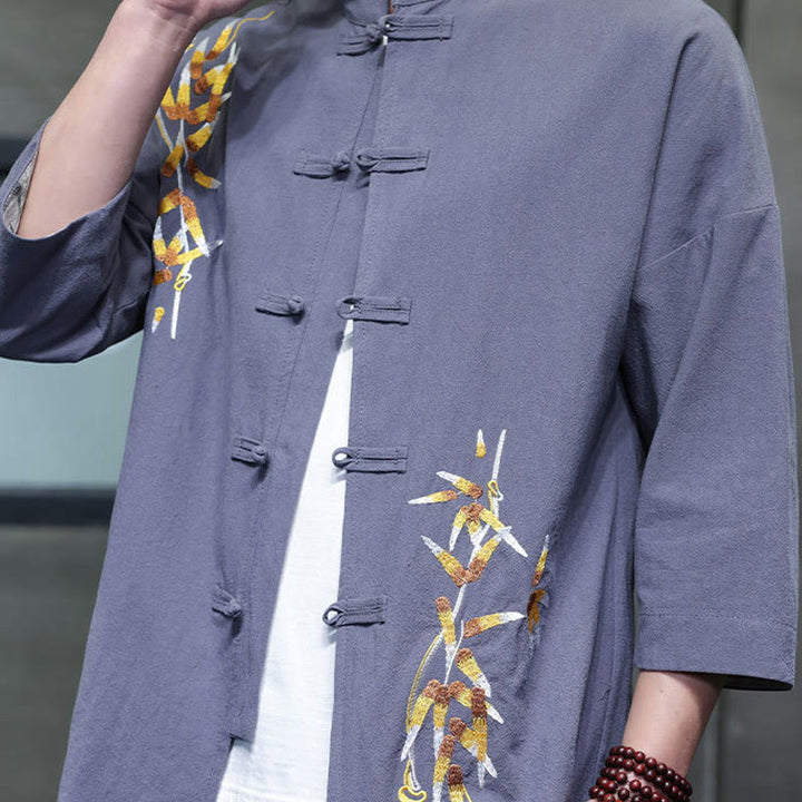 Camisa china de manga tres cuartos con botones de rana y bordado de Buddha Stones para hombre - image 27