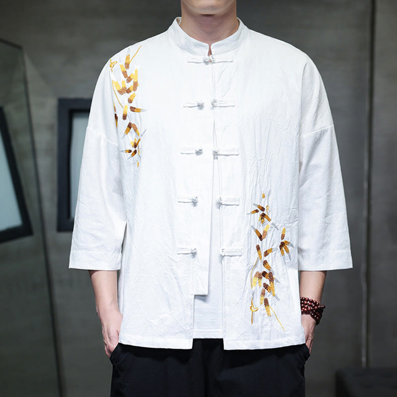 Camisa china de manga tres cuartos con botones de rana y bordado de Buddha Stones para hombre - Blanco - US/UK/AU46, EU56 (5XL) - image 6