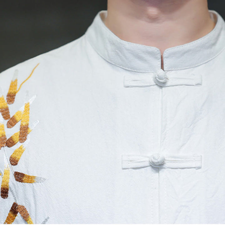 Camisa china de manga tres cuartos con botones de rana y bordado de Buddha Stones para hombre - image 18