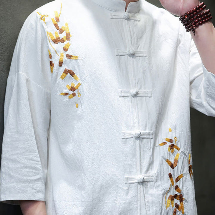 Camisa china de manga tres cuartos con botones de rana y bordado de Buddha Stones para hombre - image 12