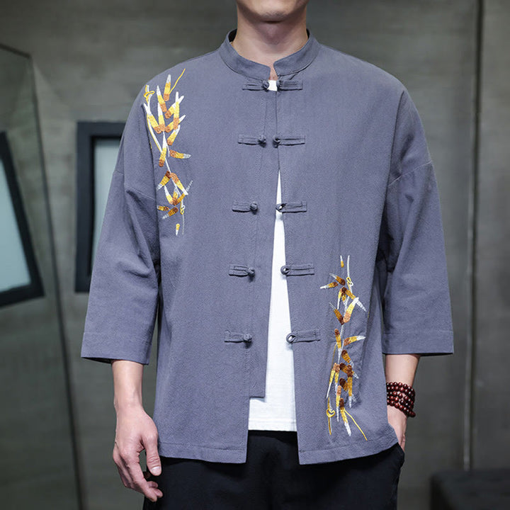 Camisa china de manga tres cuartos con botones de rana y bordado de Buddha Stones para hombre - Gris pizarra claro - US/UK/AU46, EU56 (5XL) - image 21