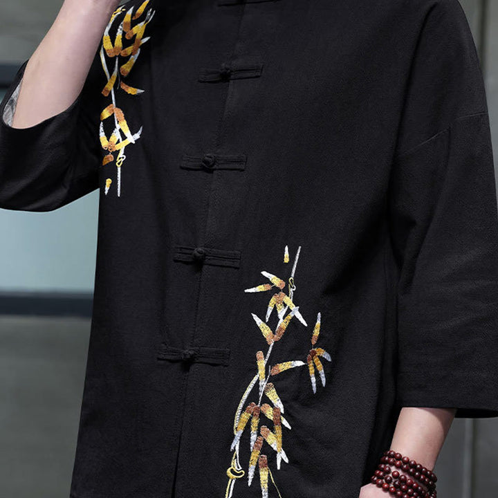 Camisa china de manga tres cuartos con botones de rana y bordado de Buddha Stones para hombre - image 5