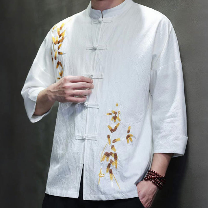 Camisa china de manga tres cuartos con botones de rana y bordado de Buddha Stones para hombre - image 8