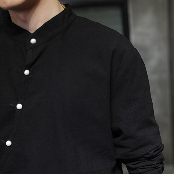 Buddha Stones Camisa de lino y algodón de manga larga para hombre, sencilla, con botones y cordones - image 9