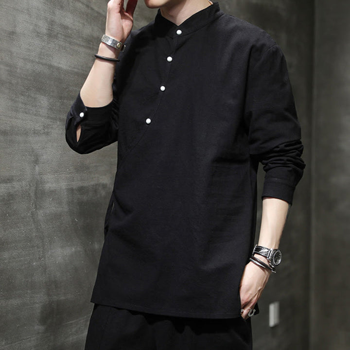 Buddha Stones Camisa de lino y algodón de manga larga para hombre, sencilla, con botones y cordones - image 1