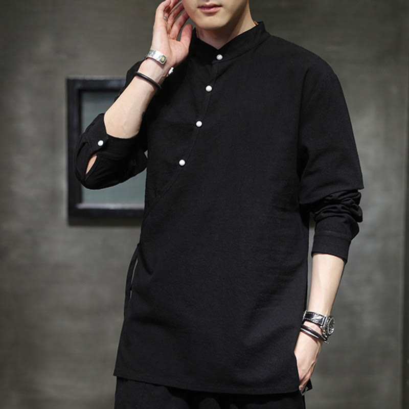 Buddha Stones Camisa de lino y algodón de manga larga para hombre, sencilla, con botones y cordones - image 3