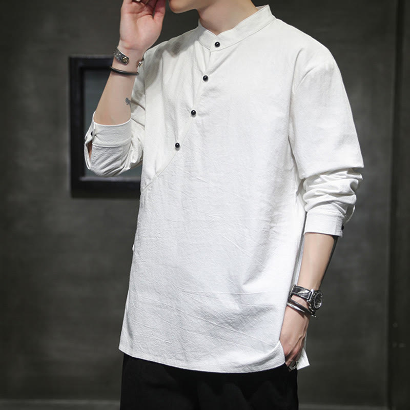 Buddha Stones Camisa de lino y algodón de manga larga para hombre, sencilla, con botones y cordones - image 16