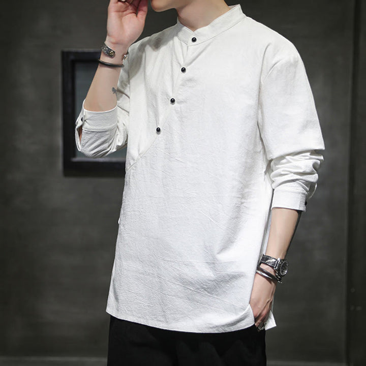 Buddha Stones Camisa de lino y algodón de manga larga para hombre, sencilla, con botones y cordones - image 16