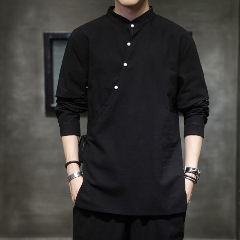 Buddha Stones Camisa de lino y algodón de manga larga para hombre, sencilla, con botones y cordones - Negro - US/UK/AU46, EU56 (5XL) - image 0