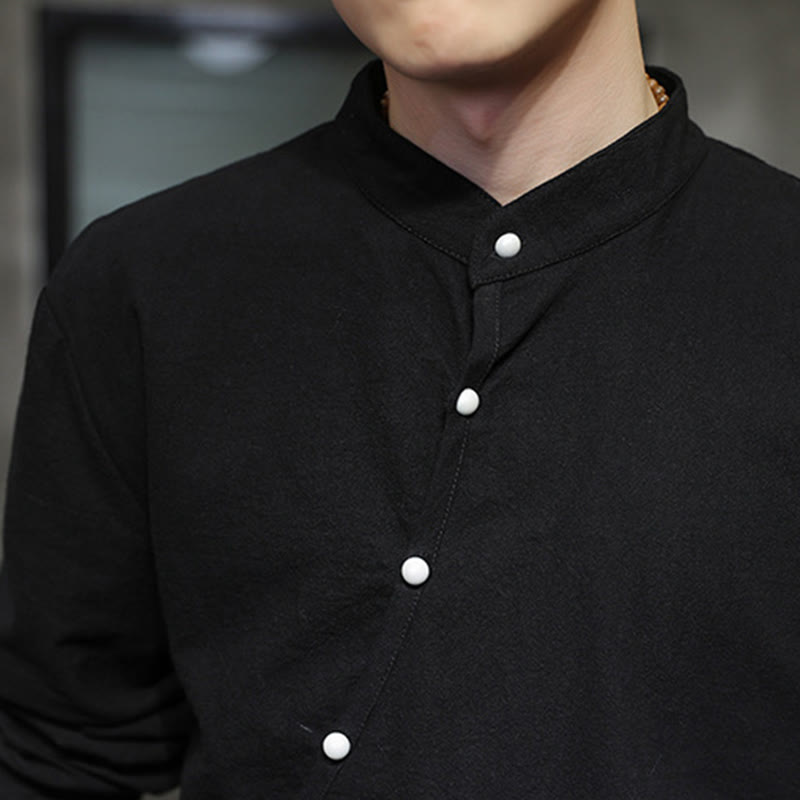 Buddha Stones Camisa de lino y algodón de manga larga para hombre, sencilla, con botones y cordones - image 8