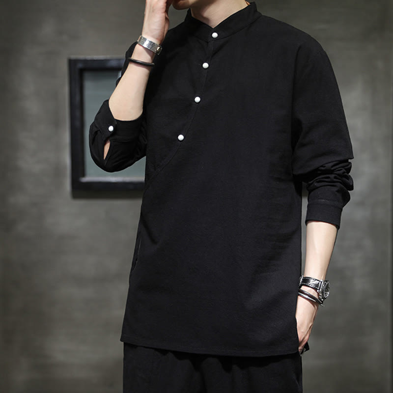 Buddha Stones Camisa de lino y algodón de manga larga para hombre, sencilla, con botones y cordones - image 6