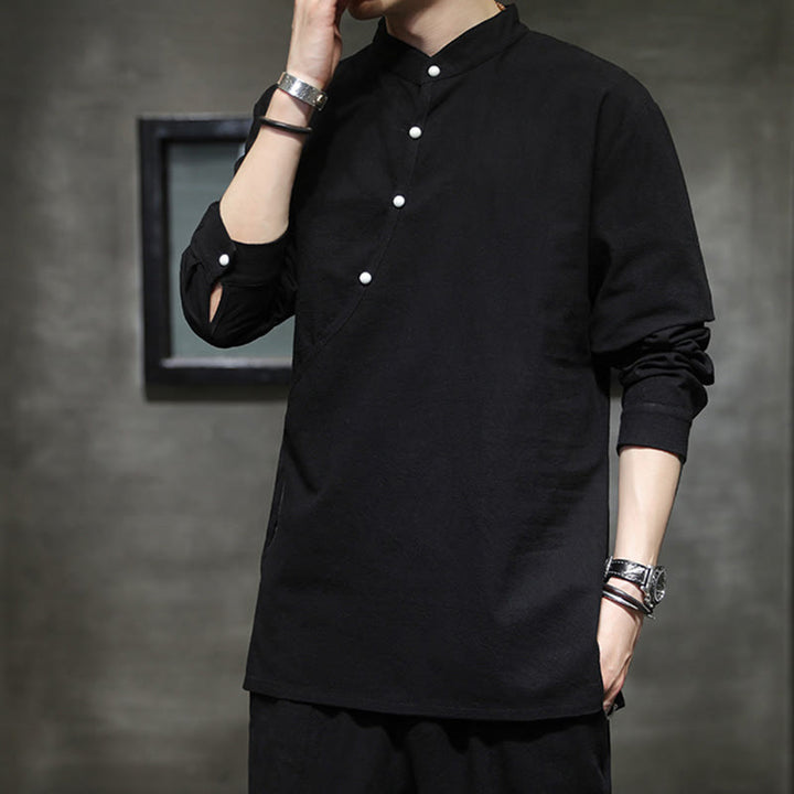 Buddha Stones Camisa de lino y algodón de manga larga para hombre, sencilla, con botones y cordones - image 6