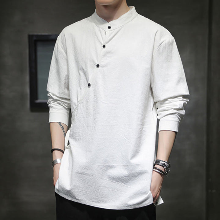 Buddha Stones Camisa de lino y algodón de manga larga para hombre, sencilla, con botones y cordones - image 17