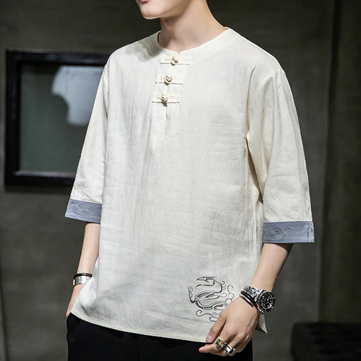 Camisa de lino y algodón de manga corta para hombre, con cuello redondo y botones de rana, bordada con Buddha Stones en verano - image 10