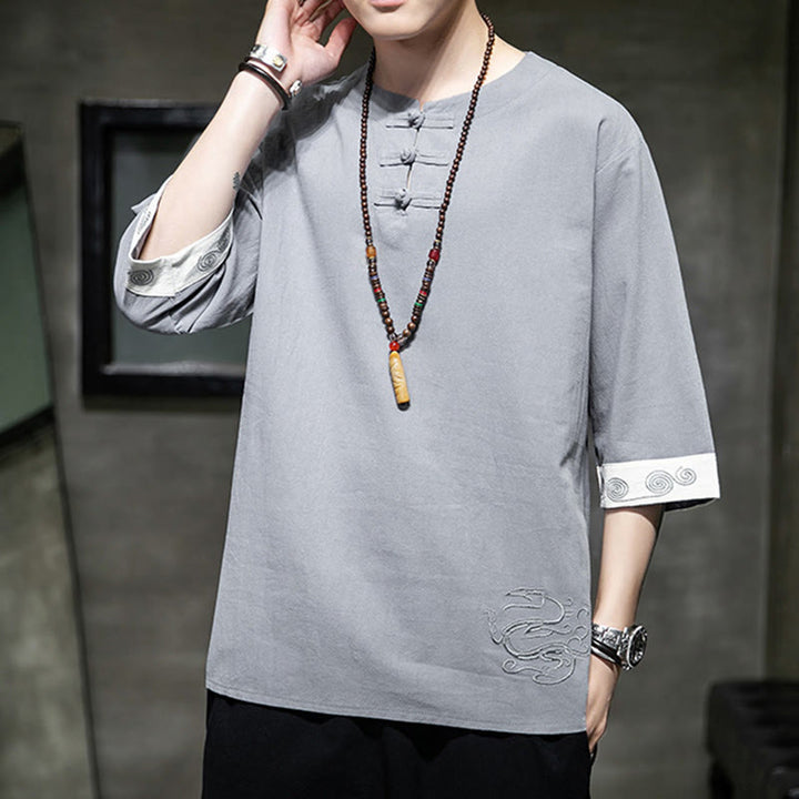 Camisa de lino y algodón de manga corta para hombre, con cuello redondo y botones de rana, bordada con Buddha Stones en verano - image 3