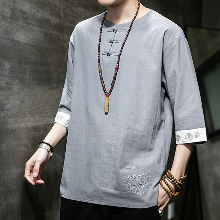 Camisa de lino y algodón de manga corta para hombre, con cuello redondo y botones de rana, bordada con Buddha Stones en verano - image 8