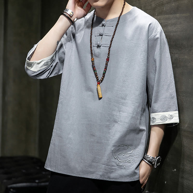 Camisa de lino y algodón de manga corta para hombre, con cuello redondo y botones de rana, bordada con Buddha Stones en verano - image 7