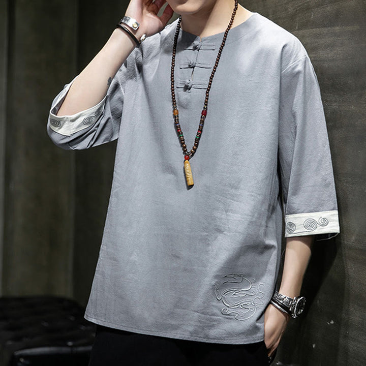 Camisa de lino y algodón de manga corta para hombre, con cuello redondo y botones de rana, bordada con Buddha Stones en verano - image 7