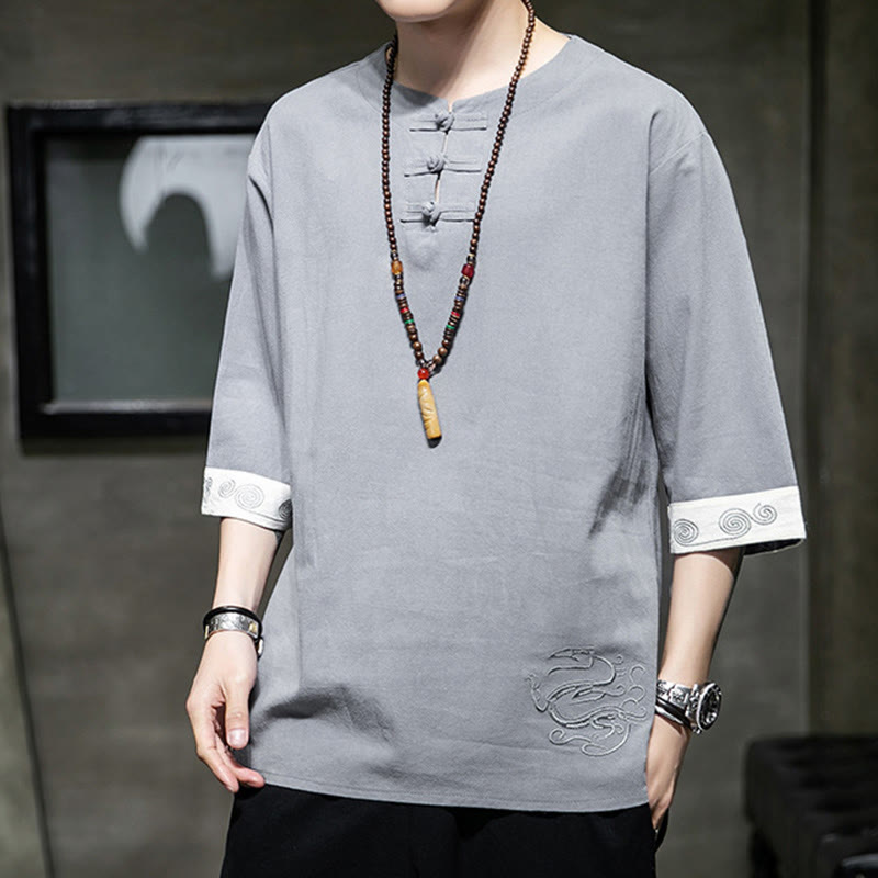 Camisa de lino y algodón de manga corta para hombre, con cuello redondo y botones de rana, bordada con Buddha Stones en verano - image 1