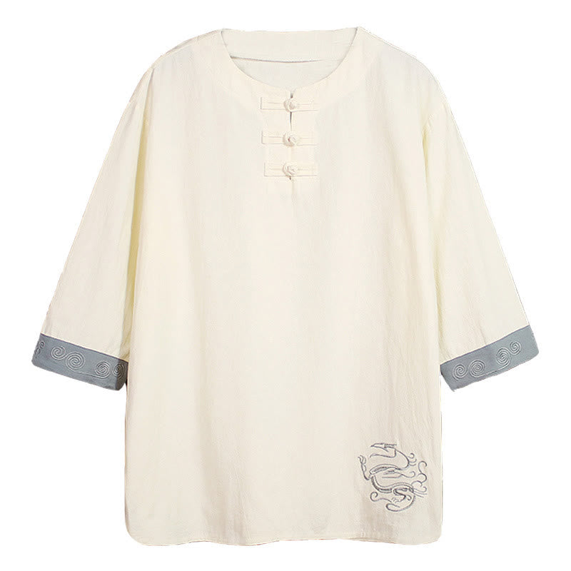 Camisa de lino y algodón de manga corta para hombre, con cuello redondo y botones de rana, bordada con Buddha Stones en verano - image 18