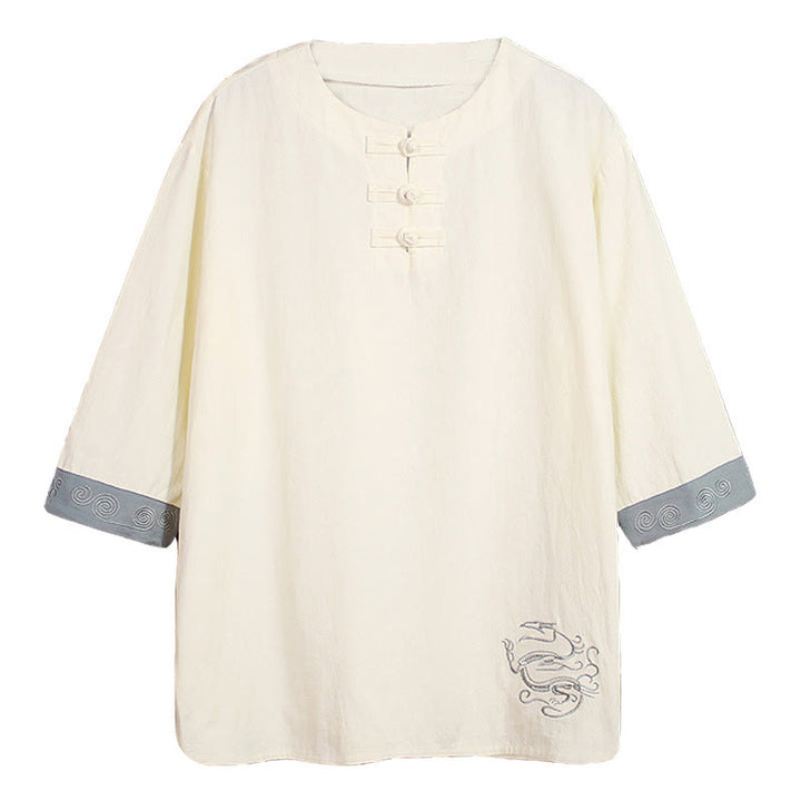 Camisa de lino y algodón de manga corta para hombre, con cuello redondo y botones de rana, bordada con Buddha Stones en verano - image 18