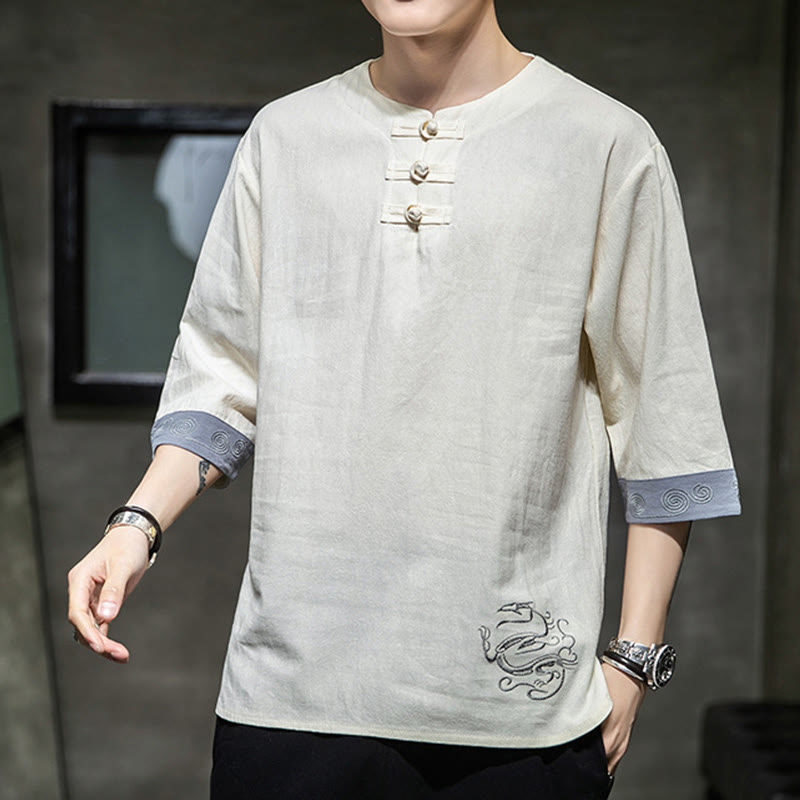 Camisa de lino y algodón de manga corta para hombre, con cuello redondo y botones de rana, bordada con Buddha Stones en verano - image 13