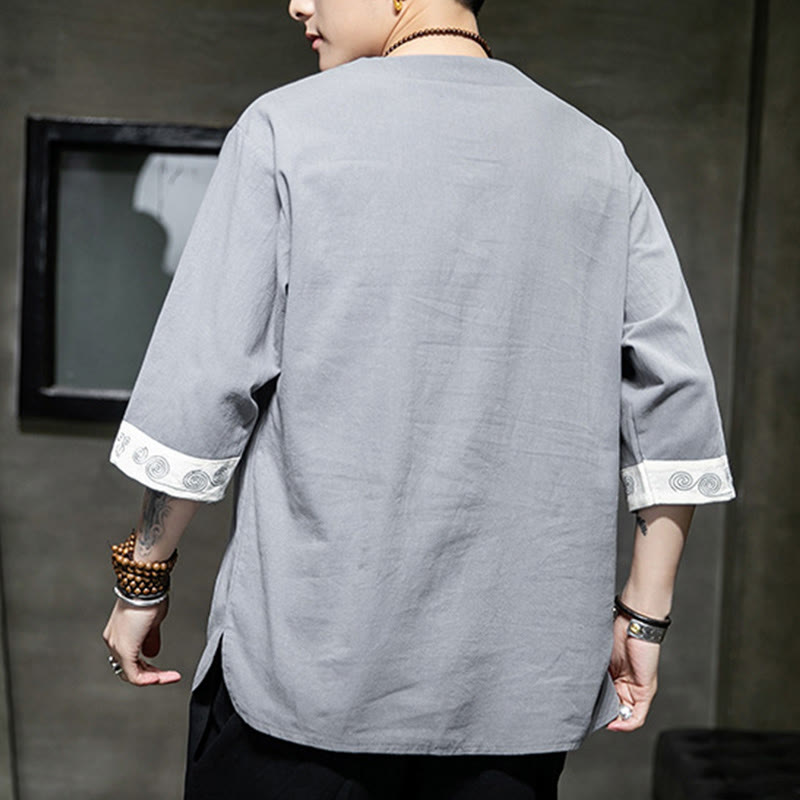 Camisa de lino y algodón de manga corta para hombre, con cuello redondo y botones de rana, bordada con Buddha Stones en verano - image 6