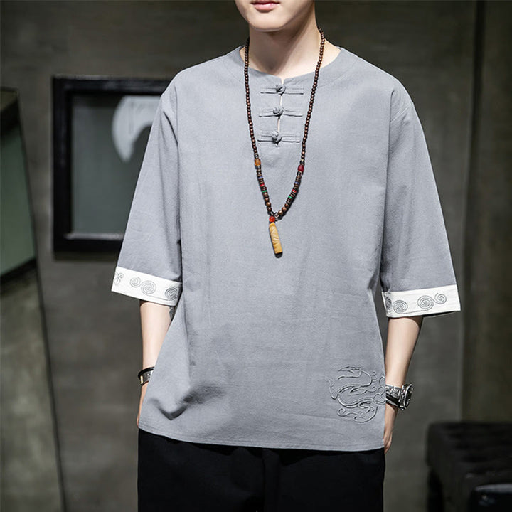 Camisa de lino y algodón de manga corta para hombre, con cuello redondo y botones de rana, bordada con Buddha Stones en verano - Plata - US/UK/AU46, EU56 (5XL) - image 0