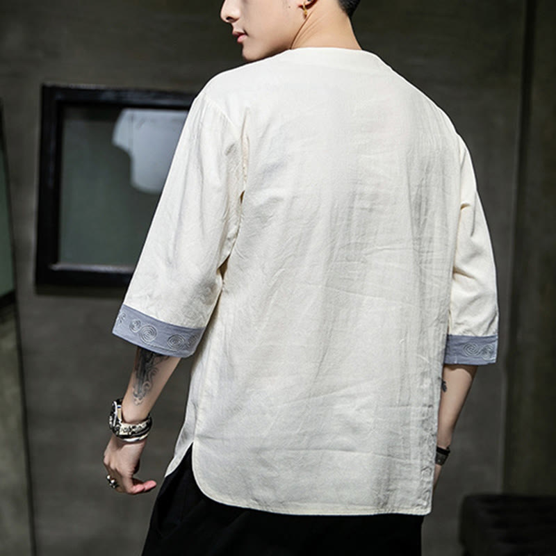 Camisa de lino y algodón de manga corta para hombre, con cuello redondo y botones de rana, bordada con Buddha Stones en verano - image 15