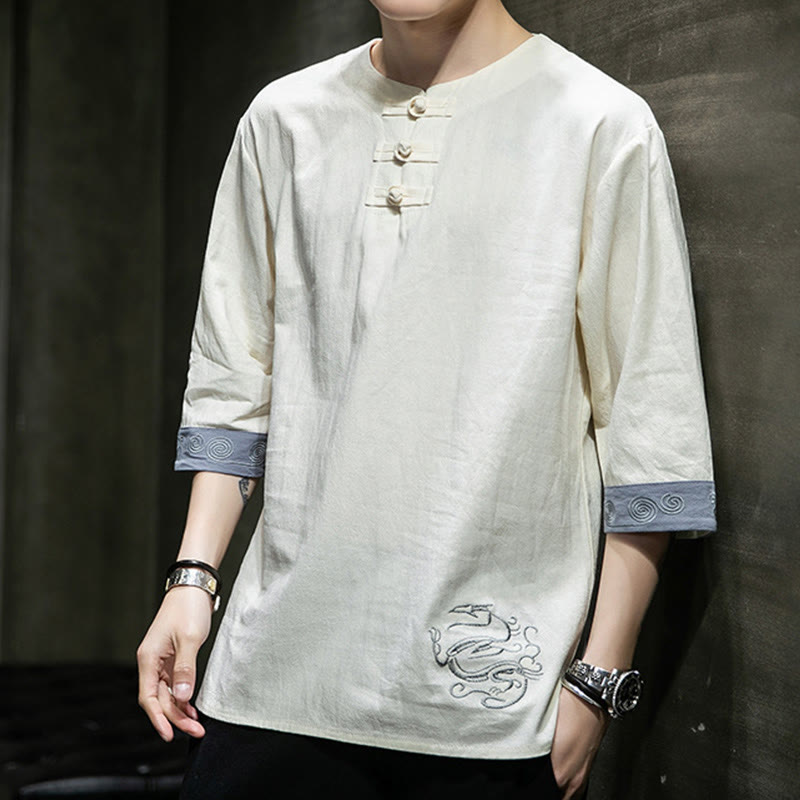 Camisa de lino y algodón de manga corta para hombre, con cuello redondo y botones de rana, bordada con Buddha Stones en verano - image 17