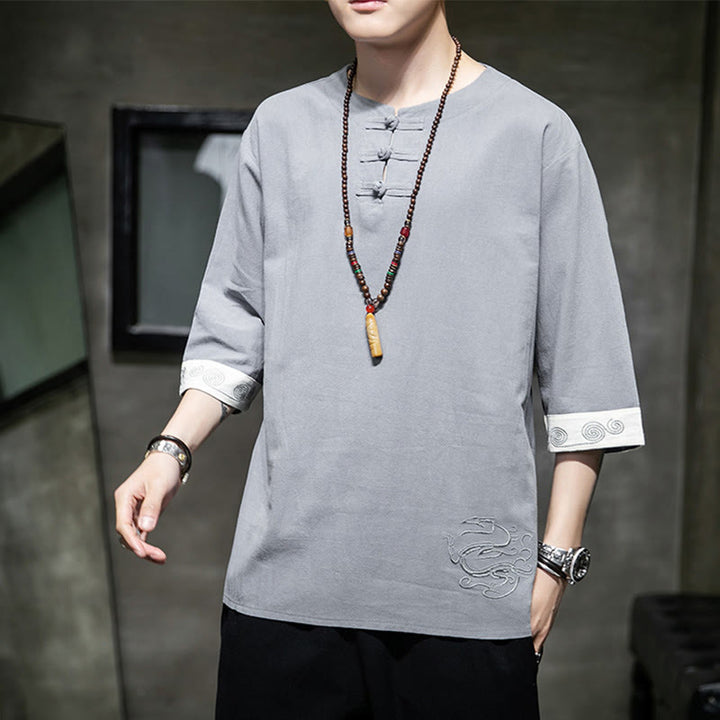 Camisa de lino y algodón de manga corta para hombre, con cuello redondo y botones de rana, bordada con Buddha Stones en verano - image 2