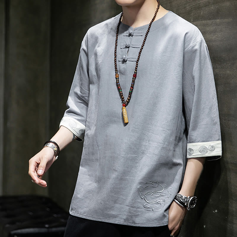 Camisa de lino y algodón de manga corta para hombre, con cuello redondo y botones de rana, bordada con Buddha Stones en verano - image 5