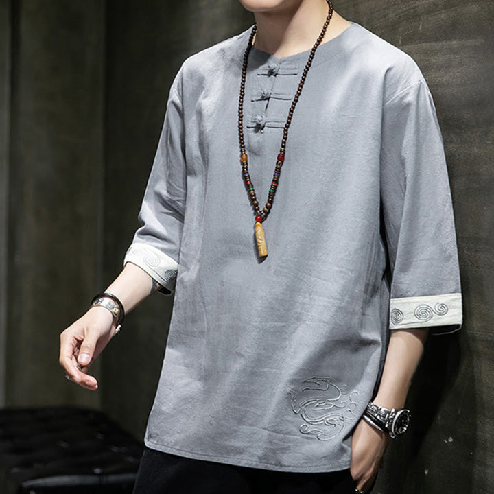 Camisa de lino y algodón de manga corta para hombre, con cuello redondo y botones de rana, bordada con Buddha Stones en verano - image 5