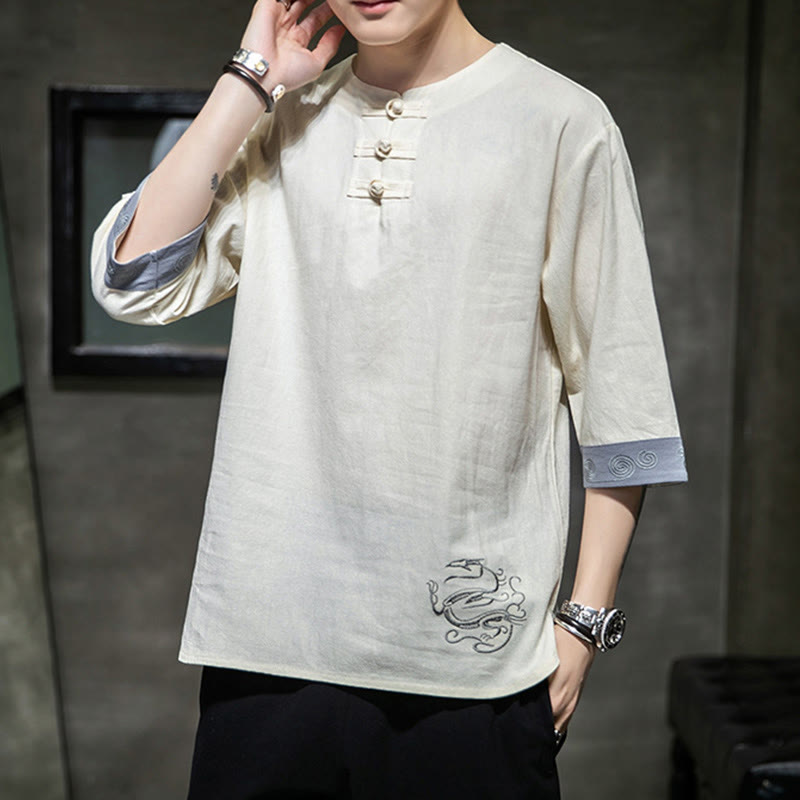 Camisa de lino y algodón de manga corta para hombre, con cuello redondo y botones de rana, bordada con Buddha Stones en verano - image 14