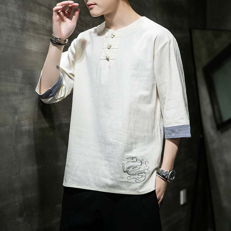 Camisa de lino y algodón de manga corta para hombre, con cuello redondo y botones de rana, bordada con Buddha Stones en verano - image 11