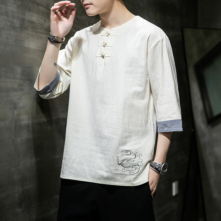 Camisa de lino y algodón de manga corta para hombre, con cuello redondo y botones de rana, bordada con Buddha Stones en verano - image 11