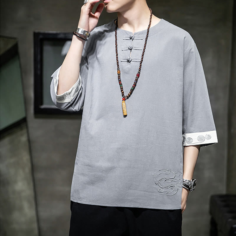 Camisa de lino y algodón de manga corta para hombre, con cuello redondo y botones de rana, bordada con Buddha Stones en verano - image 4