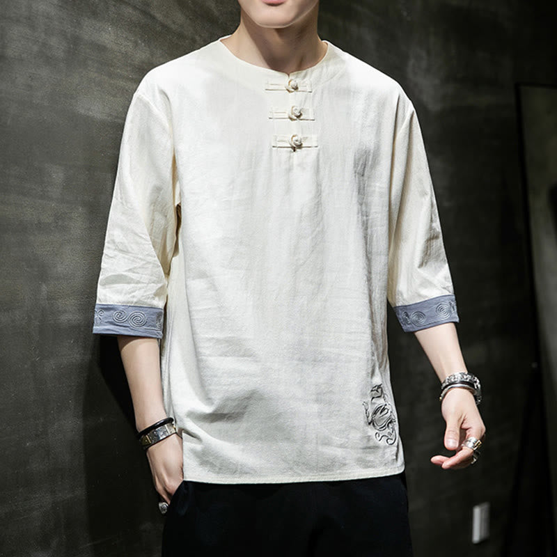 Camisa de lino y algodón de manga corta para hombre, con cuello redondo y botones de rana, bordada con Buddha Stones en verano - image 12