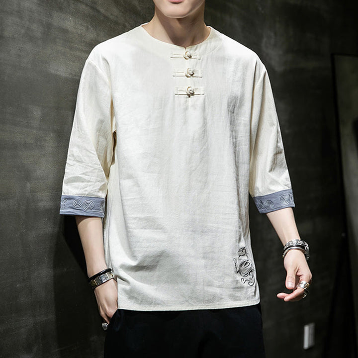 Camisa de lino y algodón de manga corta para hombre, con cuello redondo y botones de rana, bordada con Buddha Stones en verano - image 12