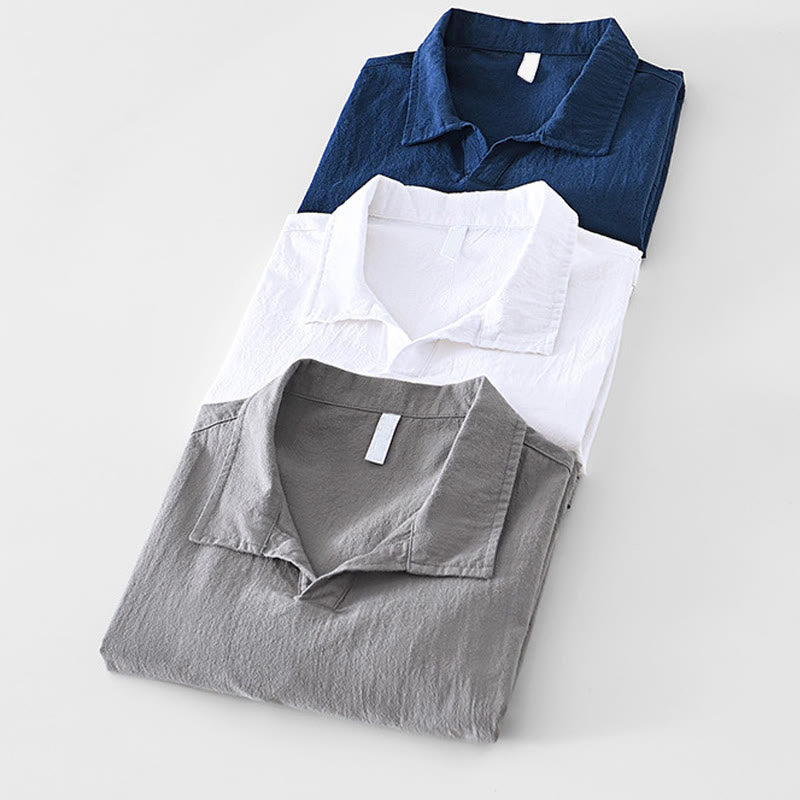 Camisa de lino y algodón de manga corta para hombre, diseño vintage sencillo y liso, con bolsillos y estampado de Buddha Stones. - image 22