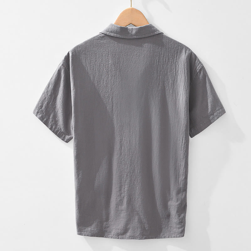 Camisa de lino y algodón de manga corta para hombre, diseño vintage sencillo y liso, con bolsillos y estampado de Buddha Stones. - image 1