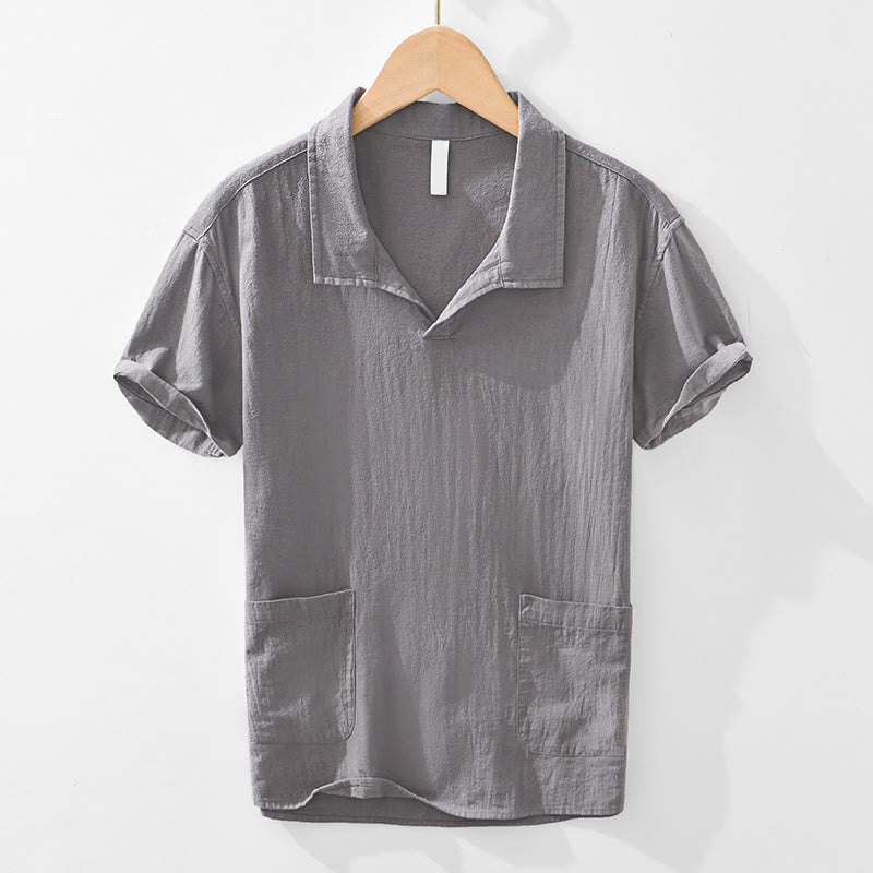 Camisa de lino y algodón de manga corta para hombre, diseño vintage sencillo y liso, con bolsillos y estampado de Buddha Stones. - Gris - US/UK/AU42, EU52 (3XL) - image 0