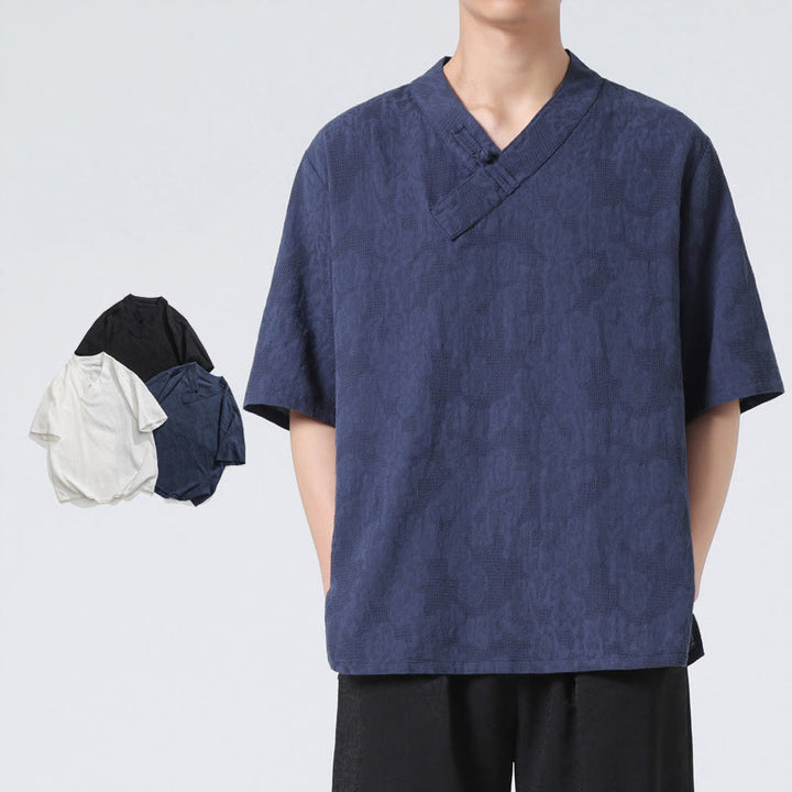 Camisa de lino y algodón de media manga para hombre, con cuello alto y botones de rana, estilo étnico desgastado con Buddha Stones , ropa de Tai Chi - image 2