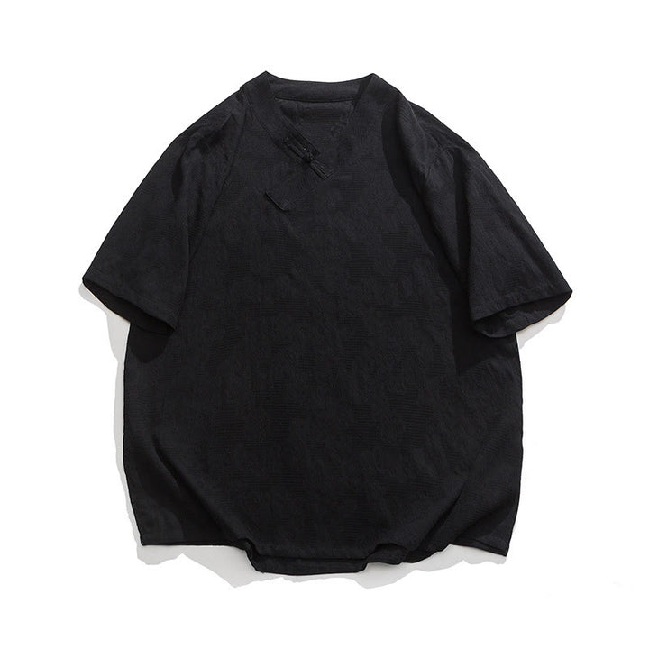 Camisa de lino y algodón de media manga para hombre, con cuello alto y botones de rana, estilo étnico desgastado con Buddha Stones , ropa de Tai Chi - Negro - US/UK/AU46, EU56 (5XL) - image 12