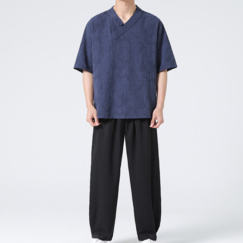 Camisa de lino y algodón de media manga para hombre, con cuello alto y botones de rana, estilo étnico desgastado con Buddha Stones , ropa de Tai Chi - image 1