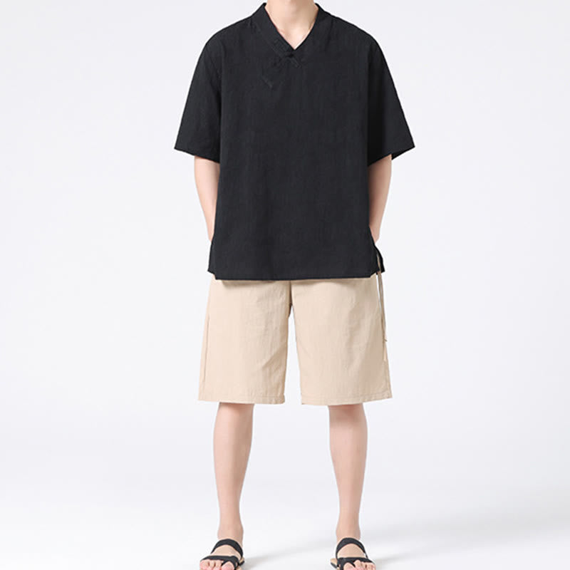 Camisa de lino y algodón de media manga para hombre, con cuello alto y botones de rana, estilo étnico desgastado con Buddha Stones , ropa de Tai Chi - image 13