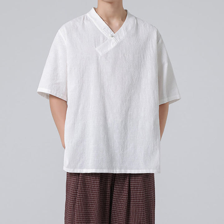 Camisa de lino y algodón de media manga para hombre, con cuello alto y botones de rana, estilo étnico desgastado con Buddha Stones , ropa de Tai Chi - image 26