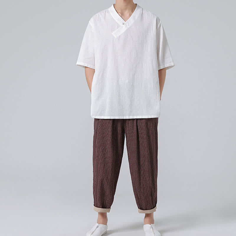 Camisa de lino y algodón de media manga para hombre, con cuello alto y botones de rana, estilo étnico desgastado con Buddha Stones , ropa de Tai Chi